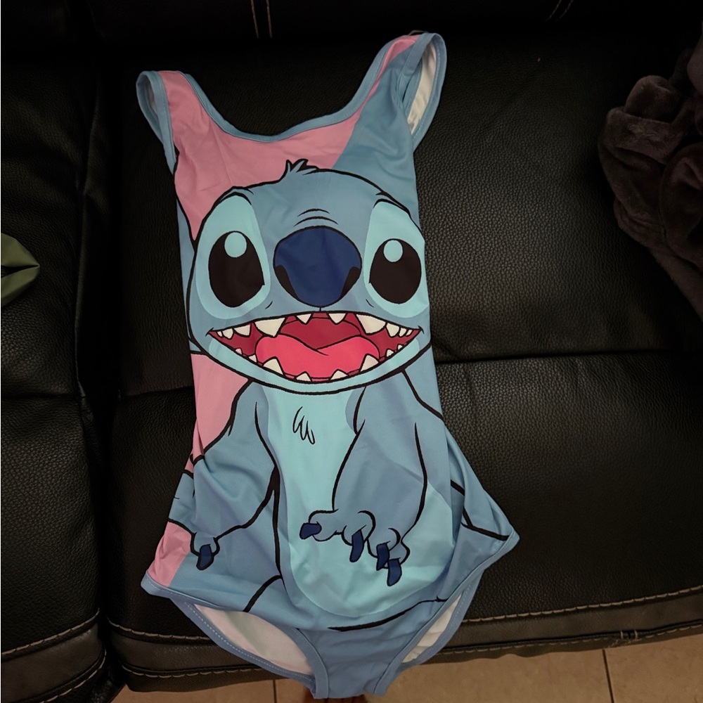 Size 10/12 Kids Swim One Piece - Blue and Pink Cartoon Design